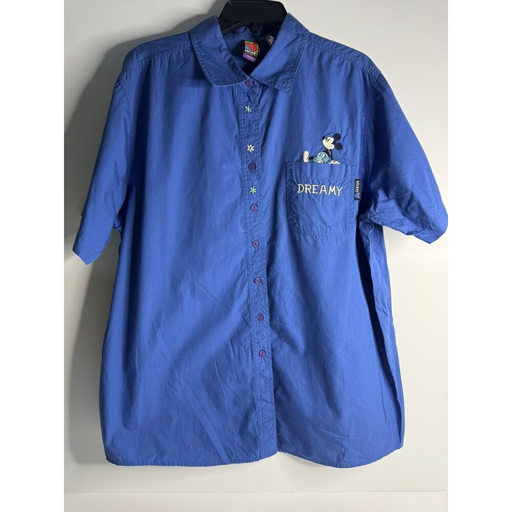 VTG Mickey Unlimited Button-Up Shirt Women's 18W Blue Mickey Mouse Embroidered